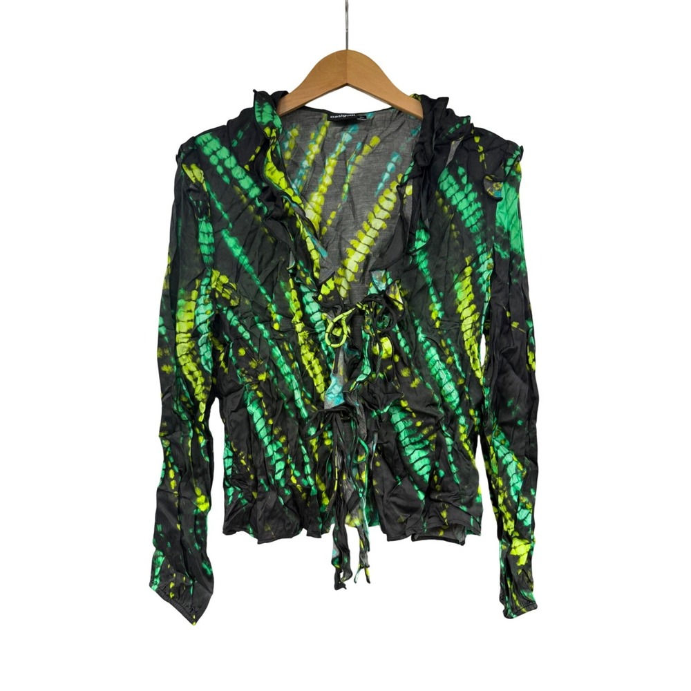 Desigual Womens XL Tie Dye Ruffle V-Neck Tie Front Long Sleeve Candance Blouse